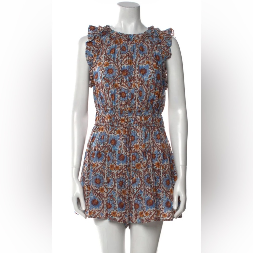Ulla Johnson Ora romper size 2 sleeveless brown and blue, side pockets,